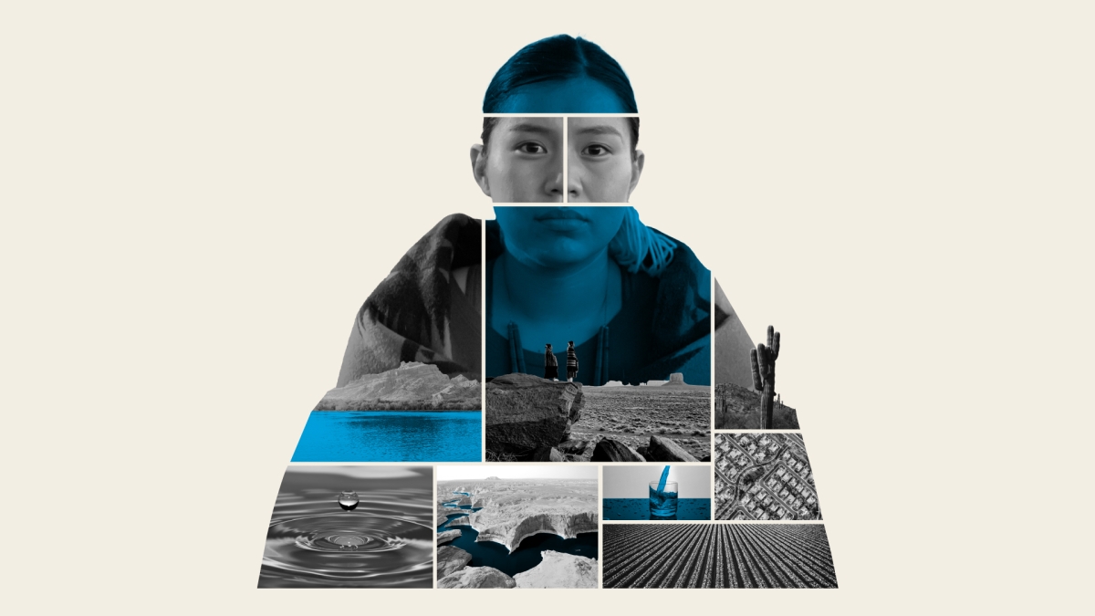 Collage of water and land photos in the shape of a person