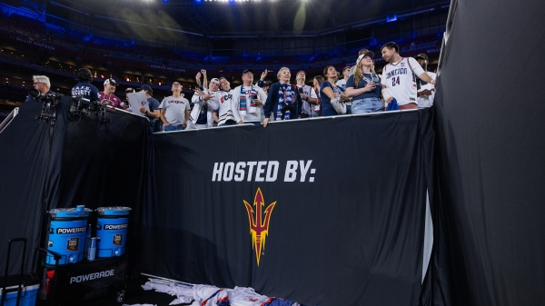 Audience at Final Four game above ASU Pitchfork banner