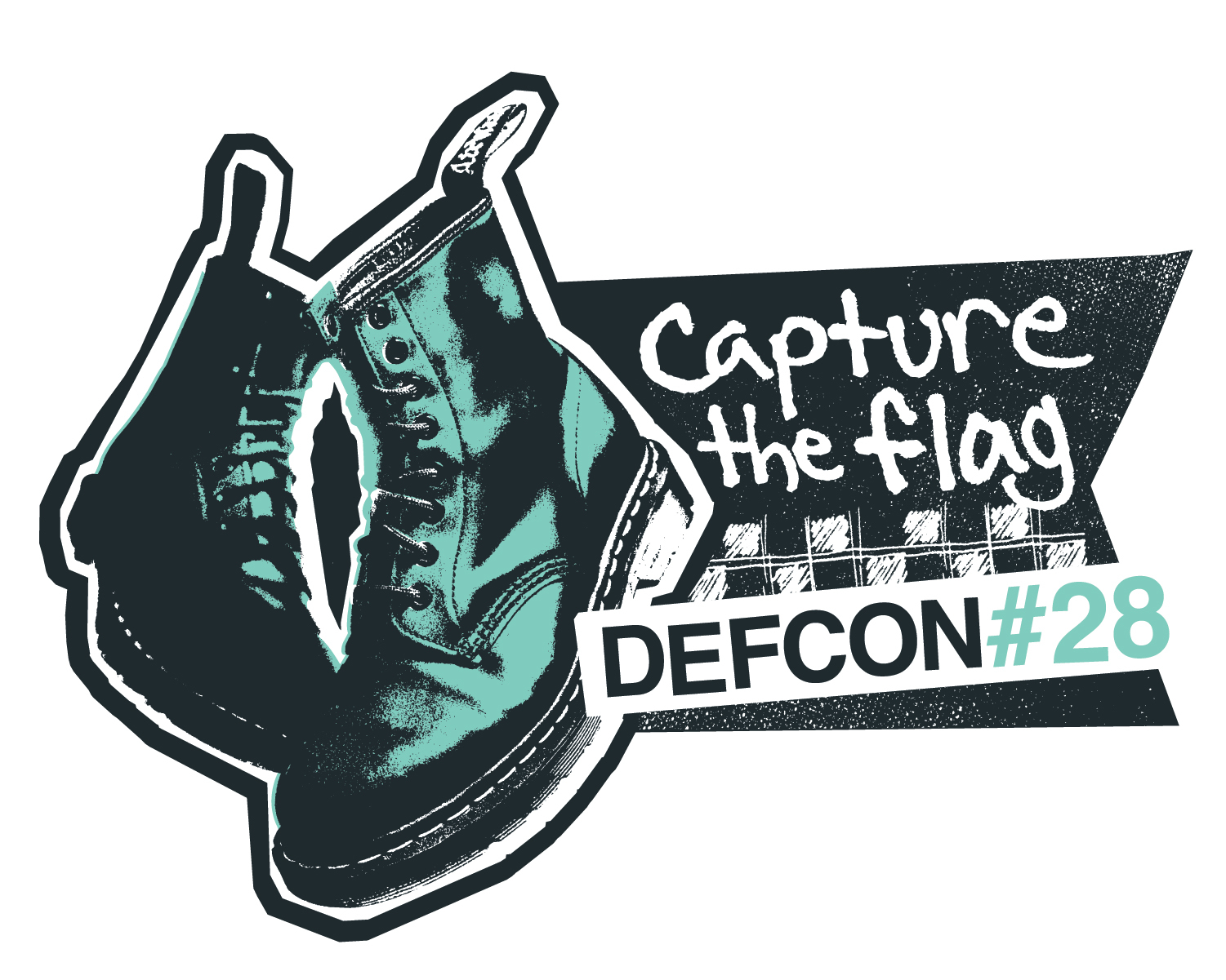 DEF CON 28 Logo, pair of boots, capture the flag text in black, white and teal