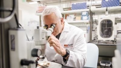 A man wearing an ASU Biodesign Institute lab coat while looking into a microscope 