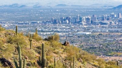 An aerial view of Downtown Phoenix off in the distance. 