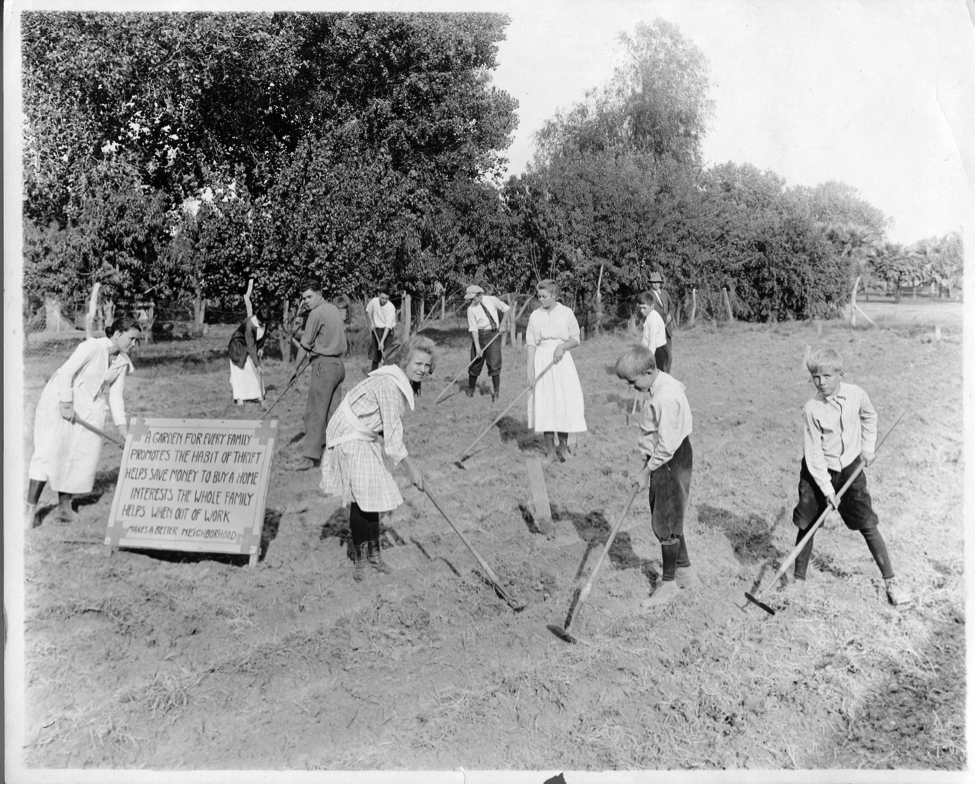 Archival photo of students gardening at ASU
