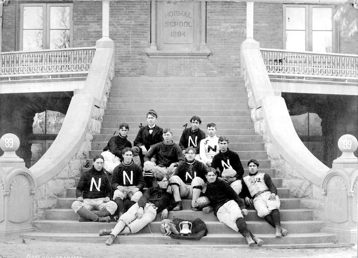 The 1899 Territorial Cup winning Tempe Normal School Football team portrait is on the steps of Old Main. Photo courtesy of the ASU Library