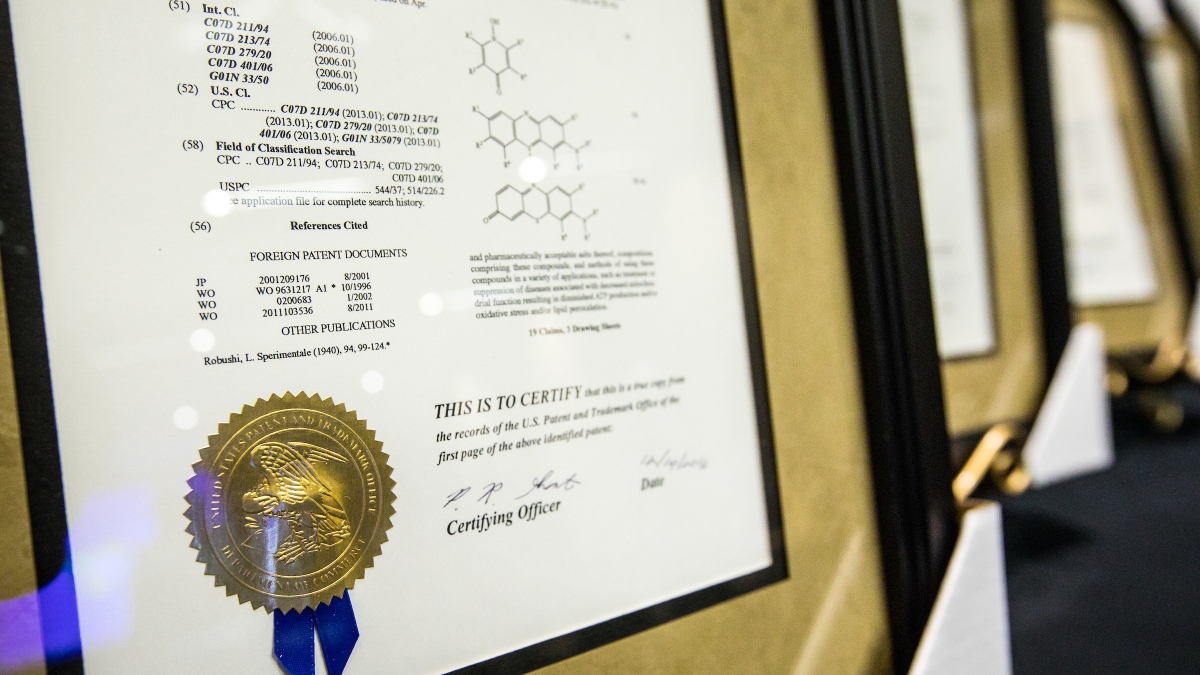 A framed patent on display at the ASU inventors luncheon