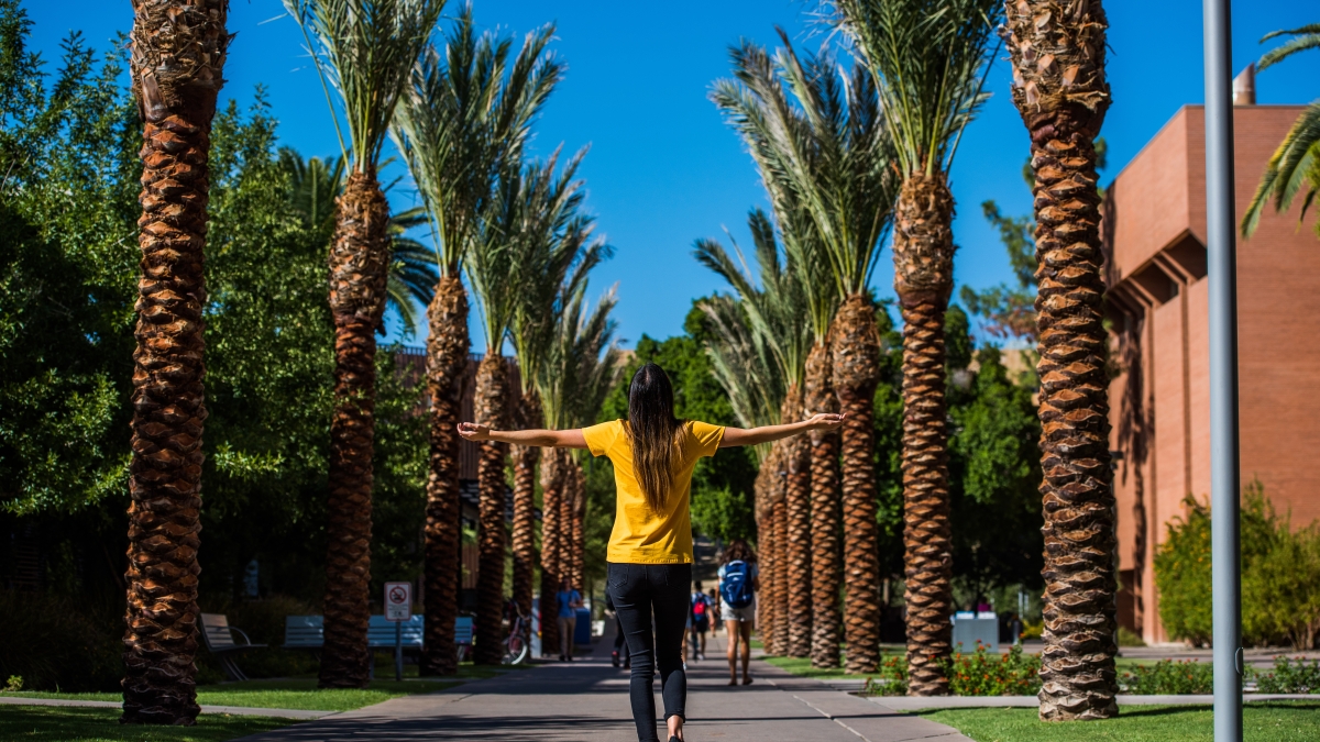 asu  student walking down palm walk on a sunny day