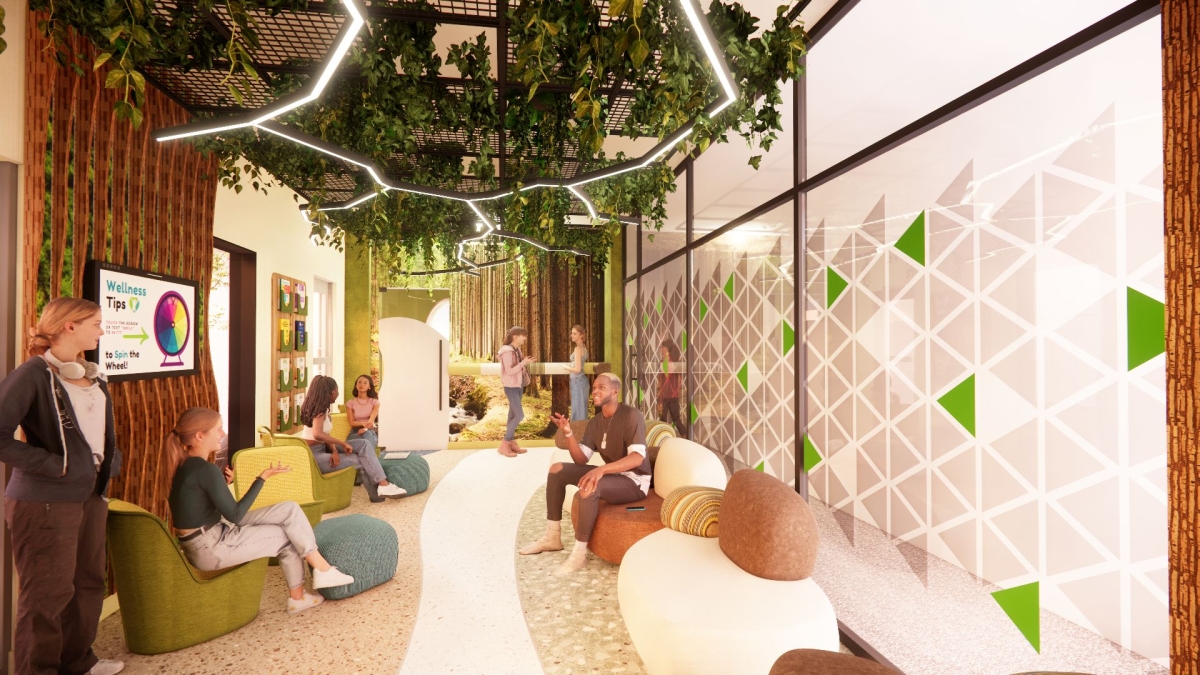 Graphic rendering of a lounge area with comfortable seating and plants hanging overhead.