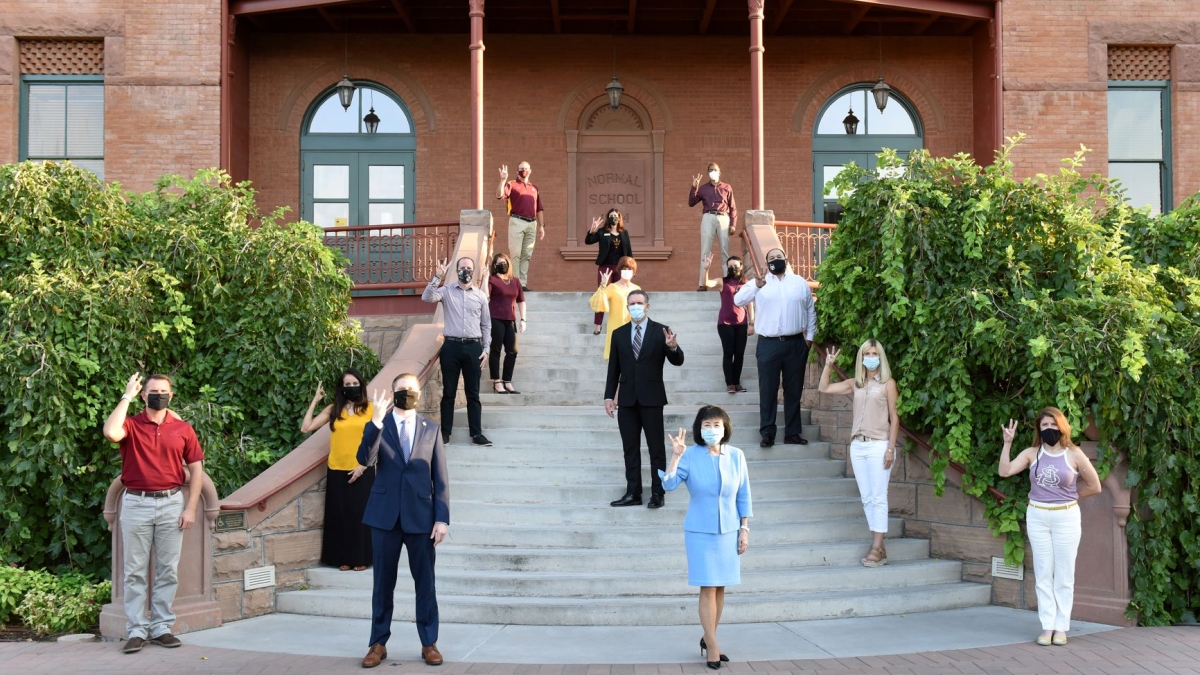 Members of the ASU Leadership Class 3 pose on the steps of Old main at the Tempe campus