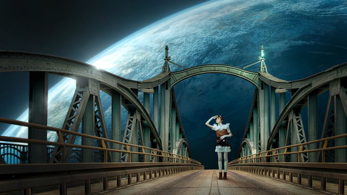 woman standing on bridge in futuristic landscape