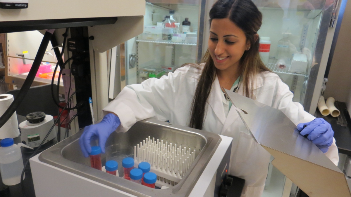woman arranging vials in lab