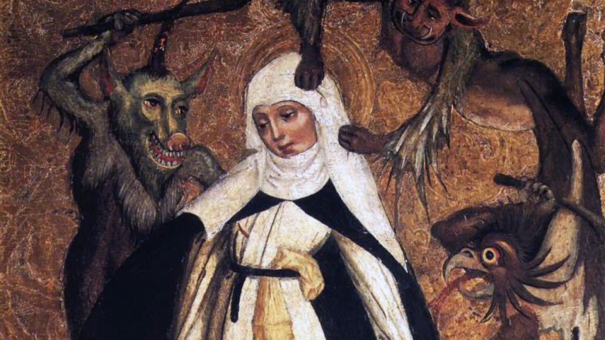 medieval painting of religious person with demons