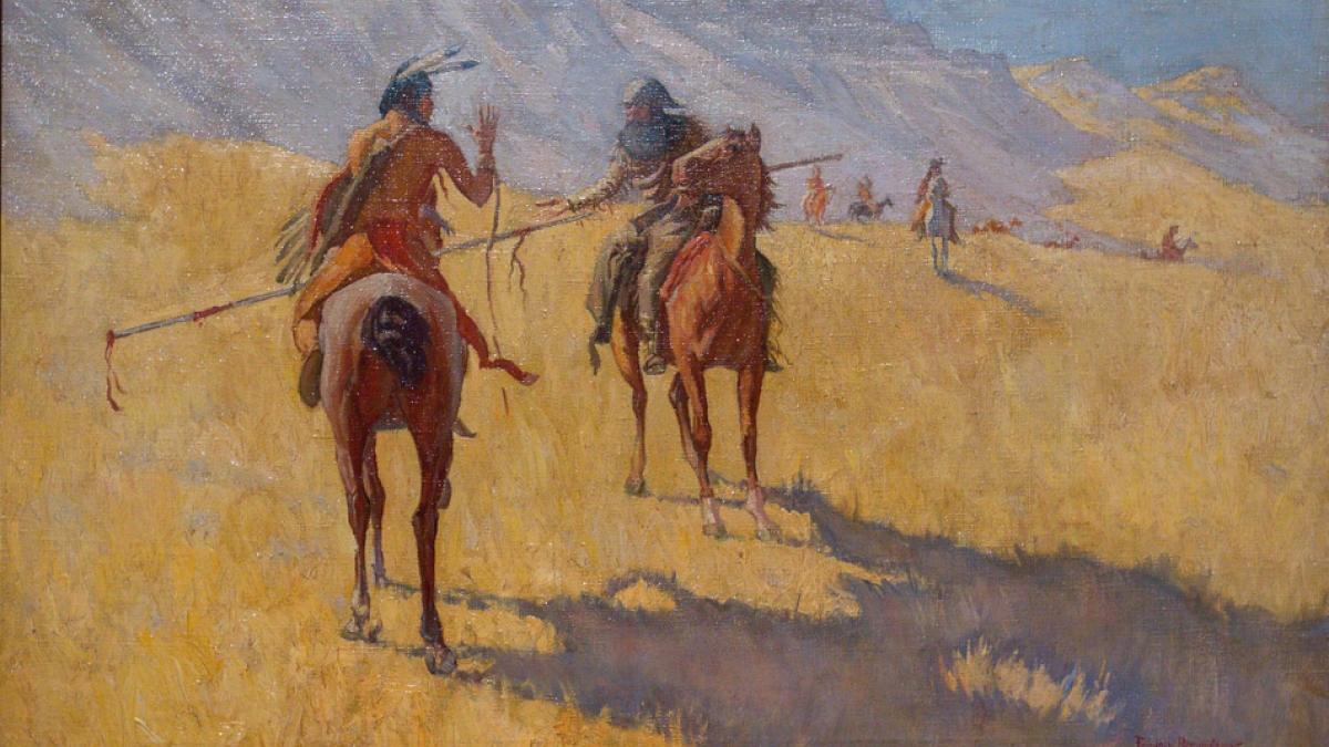 A painting of people on horses.