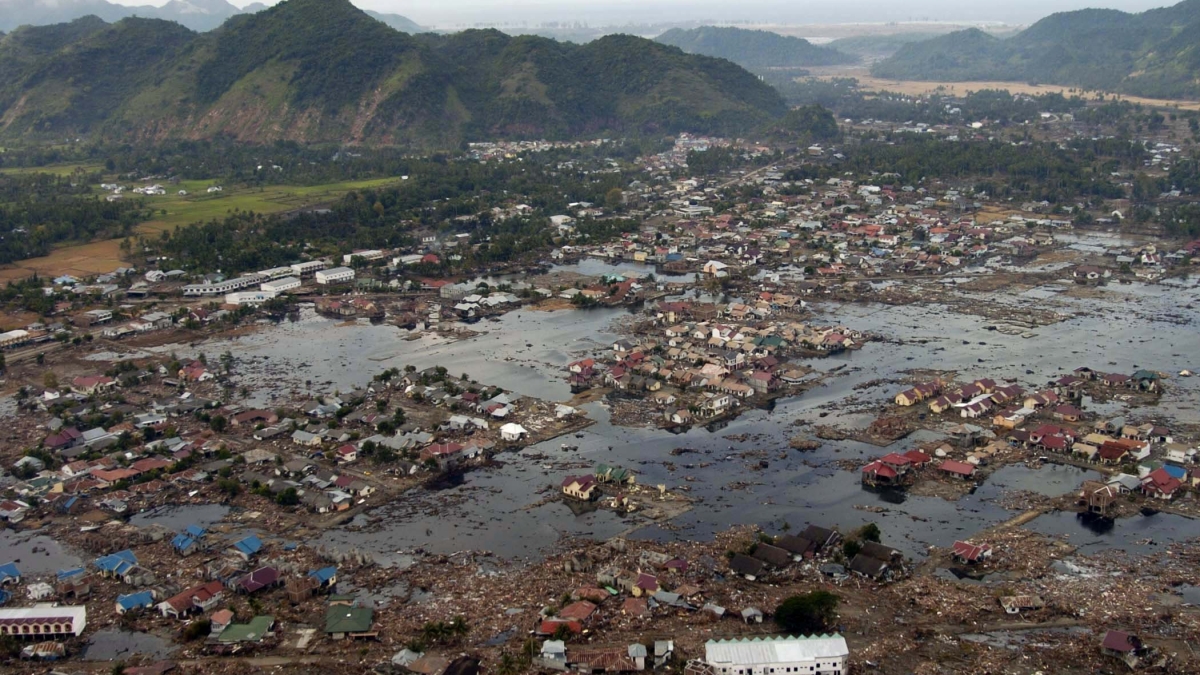 A village near the coast of Sumatra lays in ruin after the tsunami that struck Southeast Asia