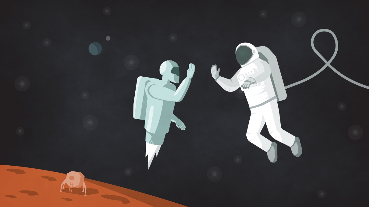Robot and astronaut meeting in space illustration 