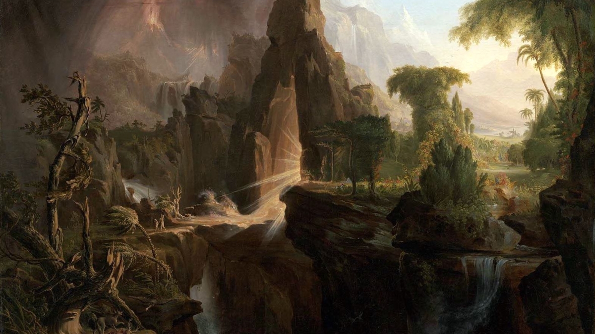 "Expulsion from the Garden of Eden" by Thomas Cole, 1828. Public domain image from Wikimedia Commons.