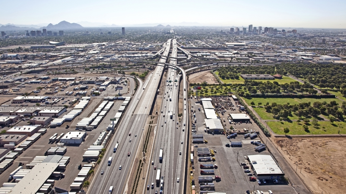 A steady stream of traffic on I-10 through Phoenix, Arizona. 