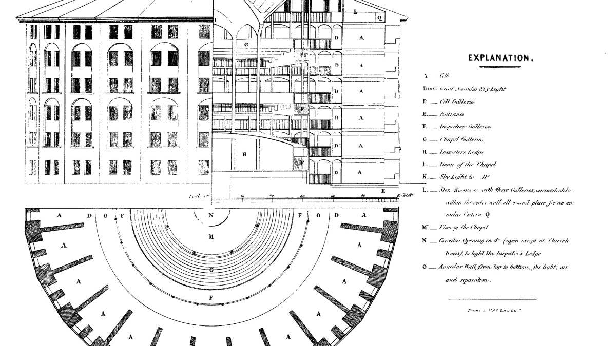 Image credit: Jeremy Bentham, "Plan of the Panopticon" in The Works of Jeremy Bentham vol. IV (Edinburgh- William Tait, 1838-1843), 172-3.