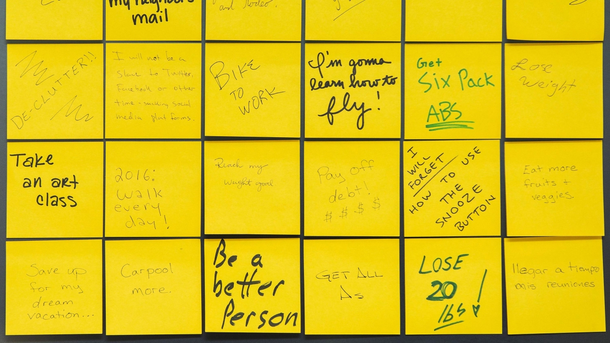 Post-It notes showing various hand-written resolutions