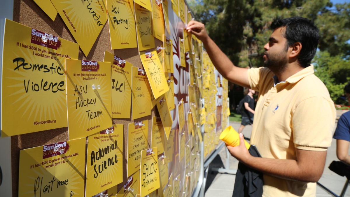 A photograph of a student at Sun Devil Giving Day