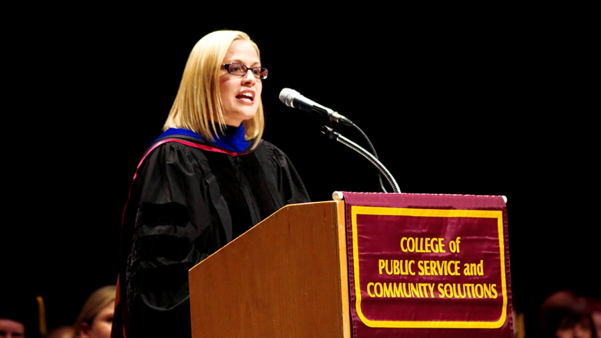 Senator-elect Kyrsten Sinema gave the keynote address at the Watts College of Public Service and Community Solutions Convocation at Comerica Theater in December 2016