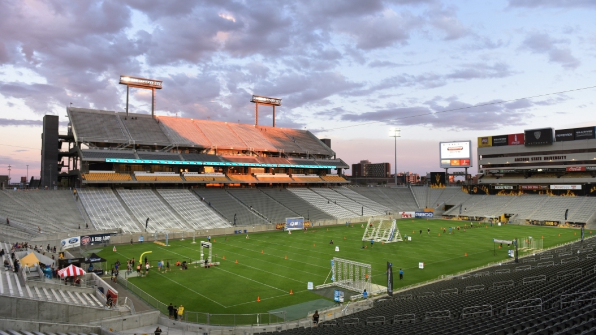 Wide shot of stadium field with obstacles