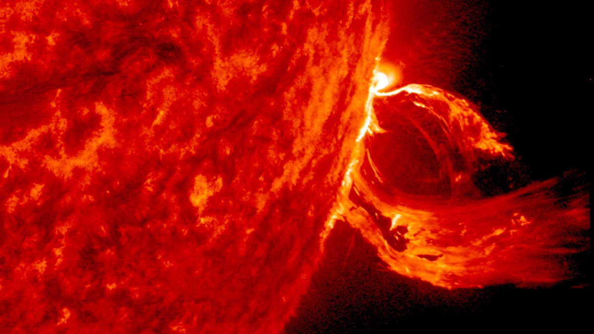 A NASA photo of a coronal mass ejection on the sun.
