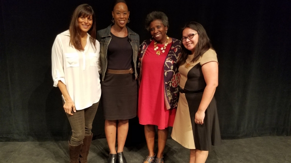 Margot Lee Shetterly, Sharon Torres, Dr. Meenakshi Wadhwa and Dr. Stanlie James at a panel in the Lyceum Theater