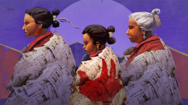 “Have You Seen Me?” by Isiah Hogue, depicting 3 Navajo women seemingly wrapped in shawls, lined up with a side view.