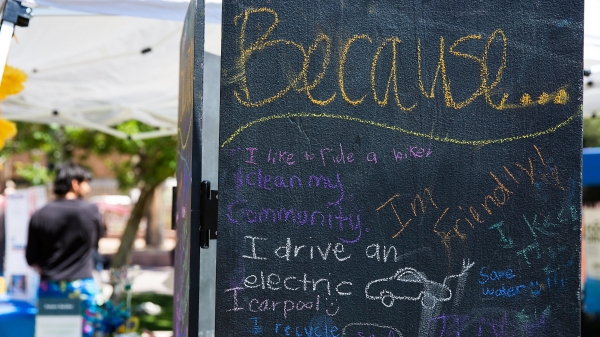 Reasons for being sustainable written on an outdoor chalkboard.