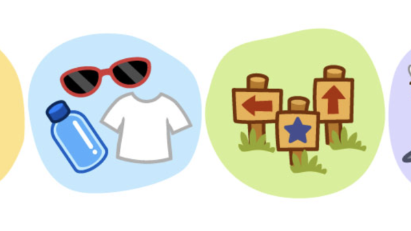Illustrations showing game icons including a young girl, sunglasses, a t-shirt, water bottle and more