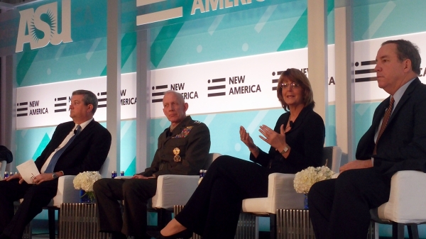 A photograph of former Air Force Maj. Gen. Margaret Woodward speaking at the Future of War Conference in Washington, D.C.
