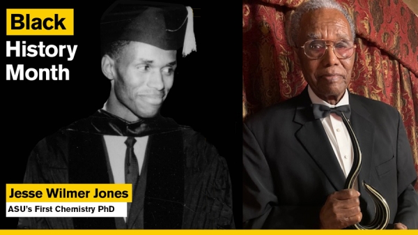 Side-by-side portraits of ASU's first PhD recipient Jesse Jones. The portrait on the left is a young Jones in a cap and gown, while the portrait on the right is a more recent photo of an older Jones holding an award.