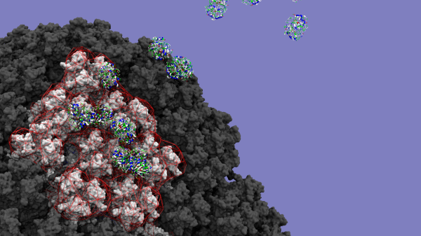 A cloud of platelet factor 4 proteins interacting with the electrostatic surface of the Oxford vaccine, as seen through a computational microscope 