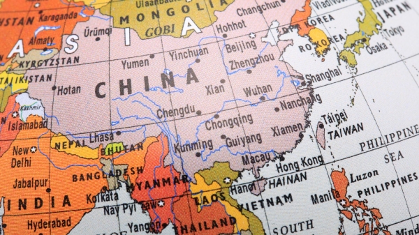 Close-up of a globe showing the region surrounding Asia.