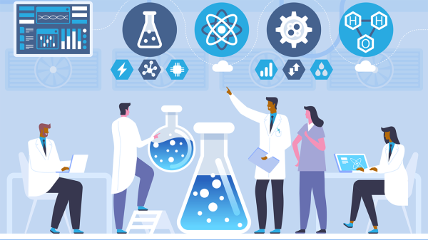 Illustration of group of diverse scientists gathered around large lab equipment