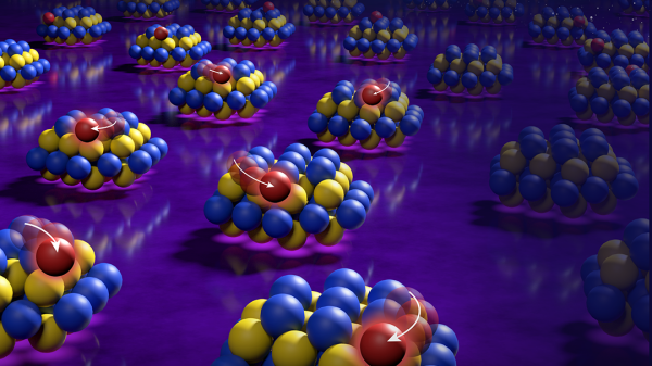 Illustration of metal atoms within nanometer-sized islands of cerium oxide on a commercial silicon dioxide support.