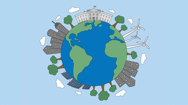 A graphic image of a green earth with the White House and sustainable energy and buildings. 