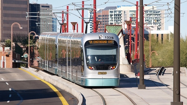 A light rail train travels south along Central Avenue in Phoenix