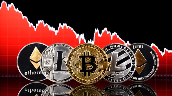 Image of five coins displaying Ethereum, Litecoin and Bitcoin with red jagged chart behind them