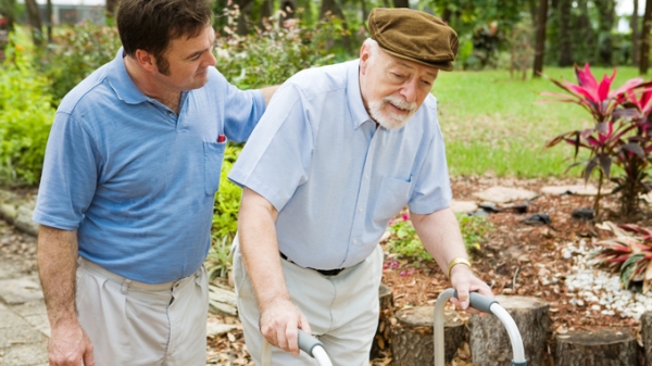 Man helping another, elderly man walk in the park