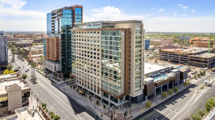 Aerial view of high rise hotel in downtown Tempe