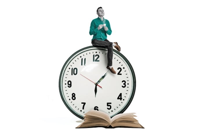 Photo illustration of a person sitting on a giant clock