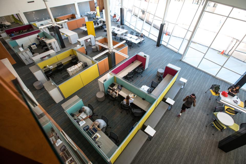 Aerial view of cubicles in the new English Department building