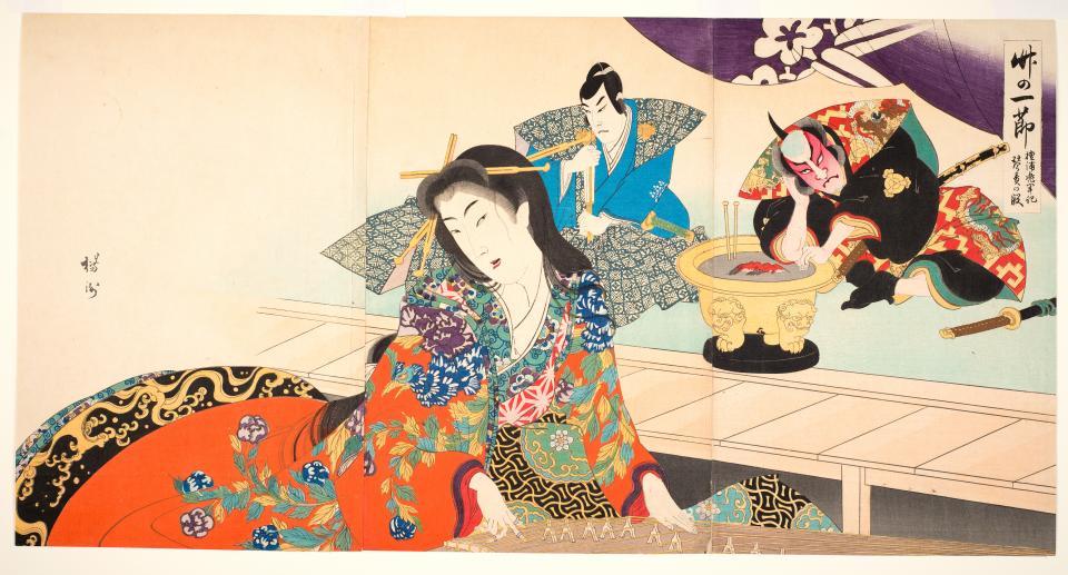  Torturing a captive courtesan, Akoya, by making her play the koto (a Japanese musical instrument), dated 1898, woodblock print, ASU Art Museum, gift of Drs. Thomas and Martha Carter.