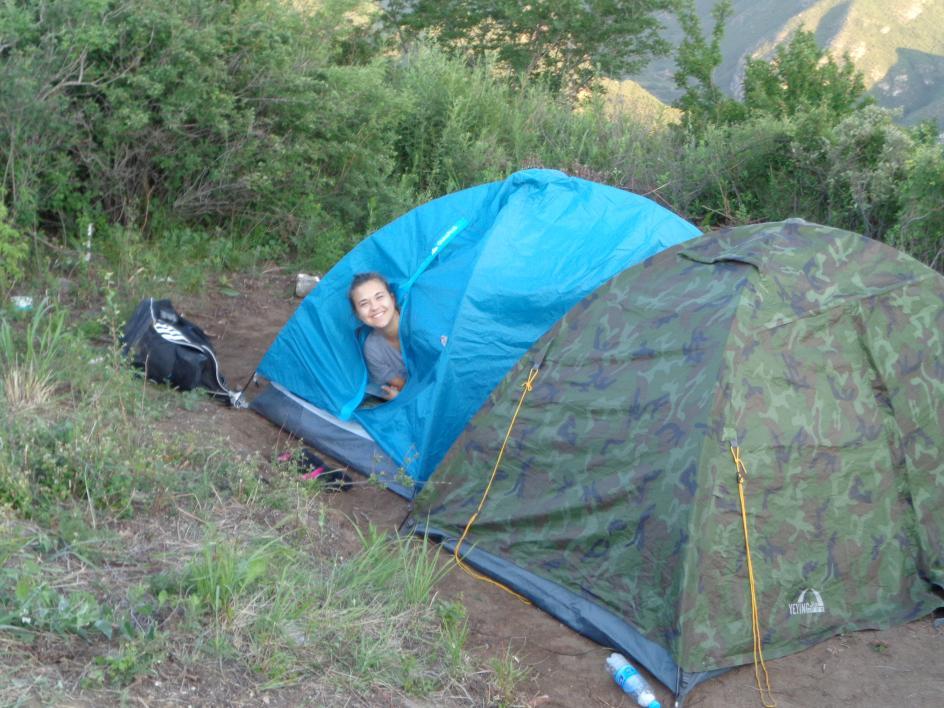 ASU student Diana Serban in tent at Great Wall of China