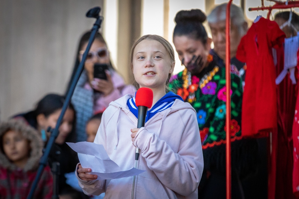 Greta Thunberg addresses climate strikers at Civic Center Park in Denver. Photo: Andy Bosselman, Streetsblog Denver on Flickr. 