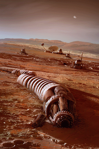 Illustration of various vehicles and pods on a red alien planet