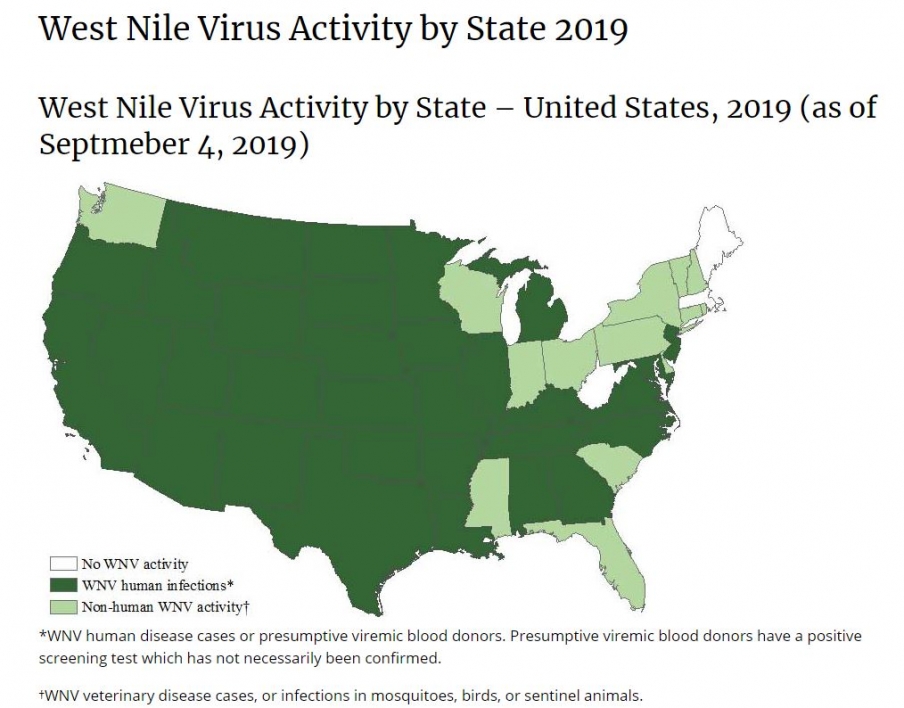 West Nile virus activity in U.S., Sep. 2019